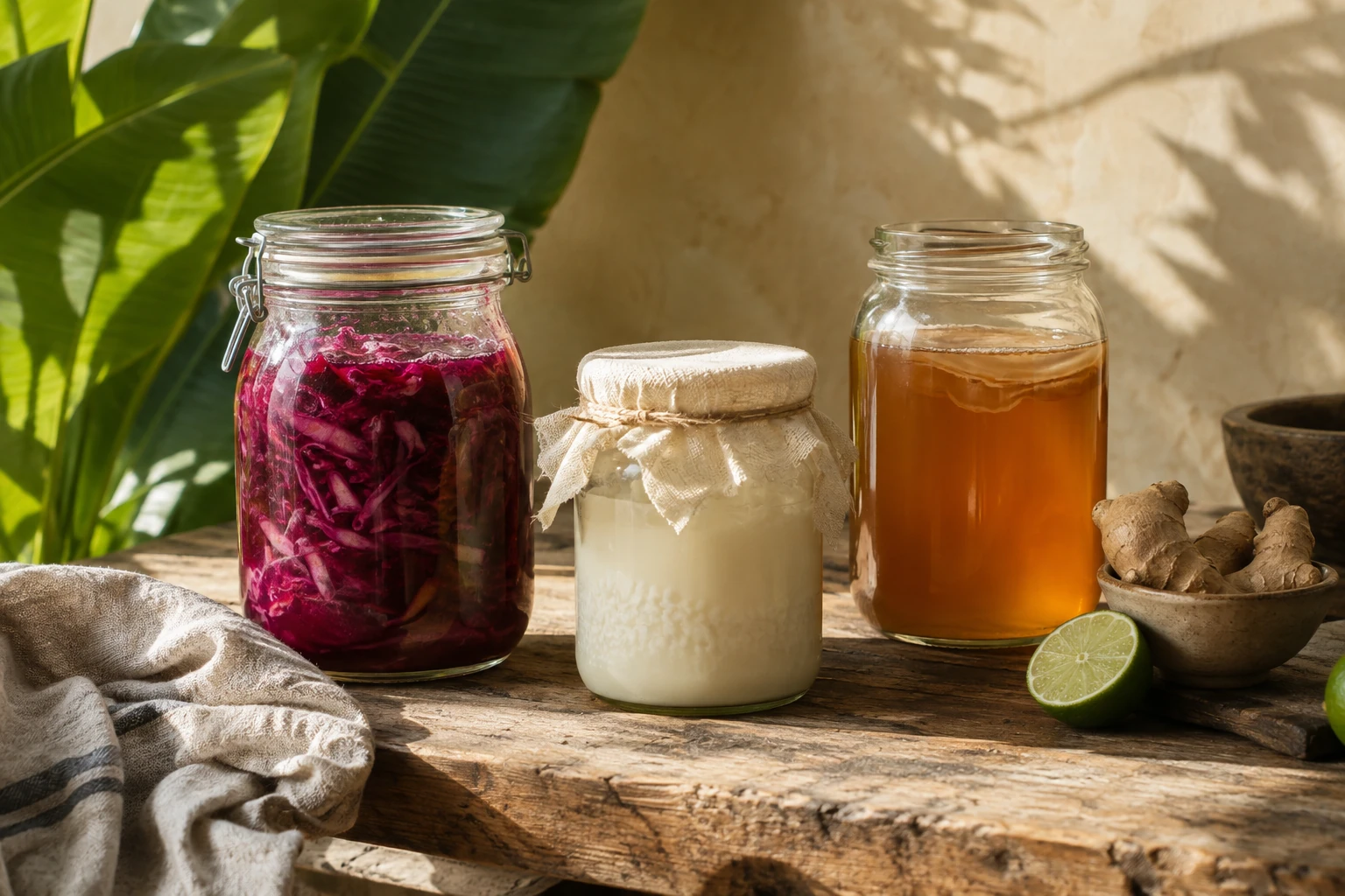 Fermentation jars, ginger, and lime on a sunlit wooden table beneath tropical leaves