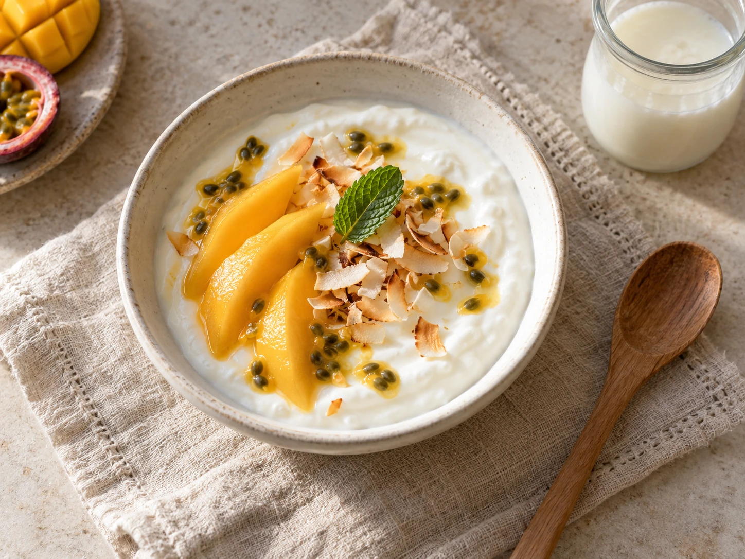 Creamy milk kefir topped with ripe mango, passionfruit, and toasted coconut