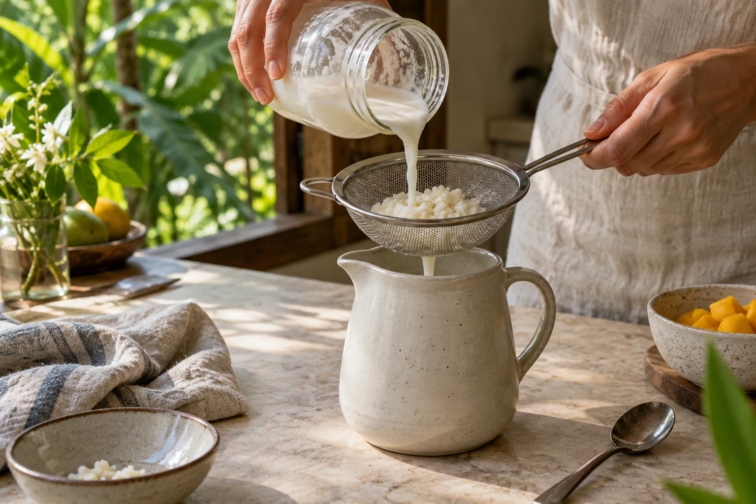 Hands straining milk kefir into a ceramic jug
