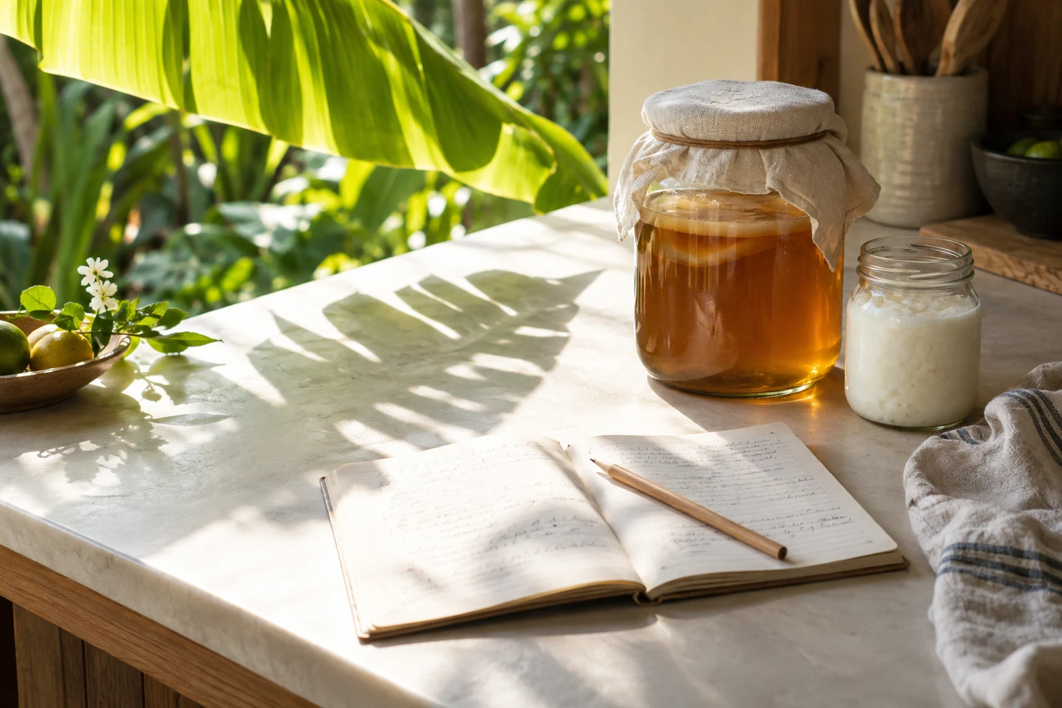 An open notebook and fermentation jars in leafy window light