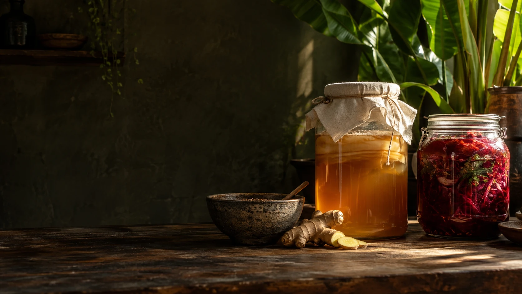 Warm afternoon light shining through jars of amber kombucha and ruby-red vegetables in a tropical kitchen
