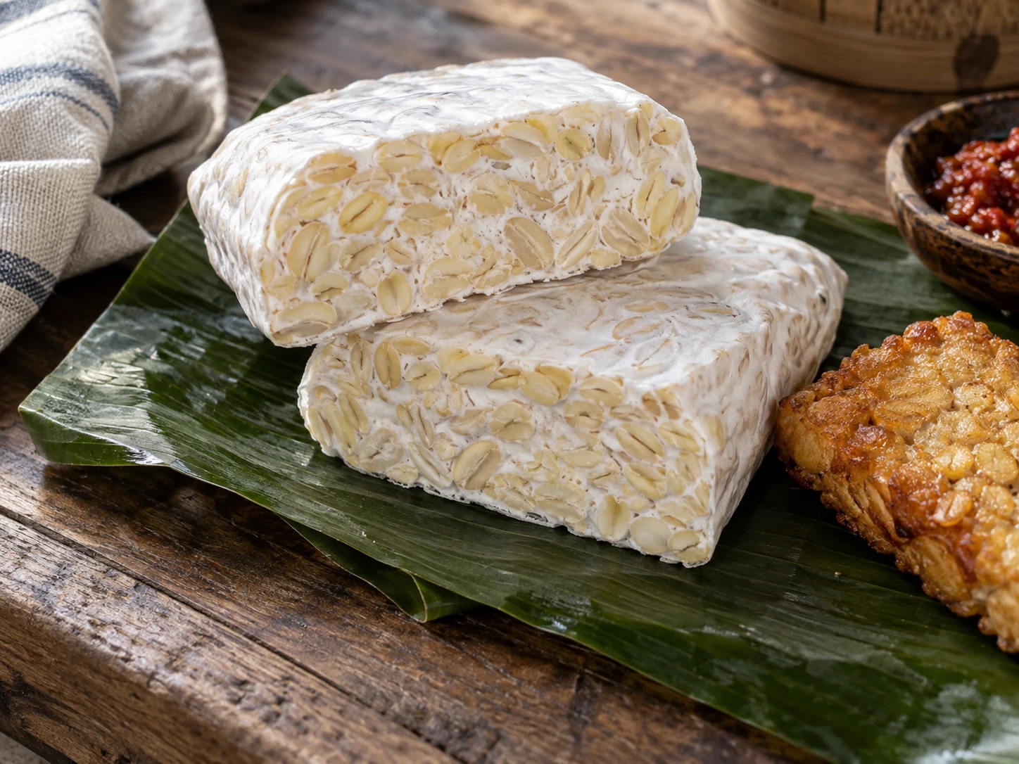 Fresh tempeh on a banana leaf, alongside golden fried tempeh and chilli sambal