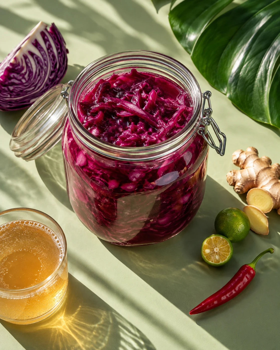 A jar of vibrant fermented red cabbage with ginger and calamansi